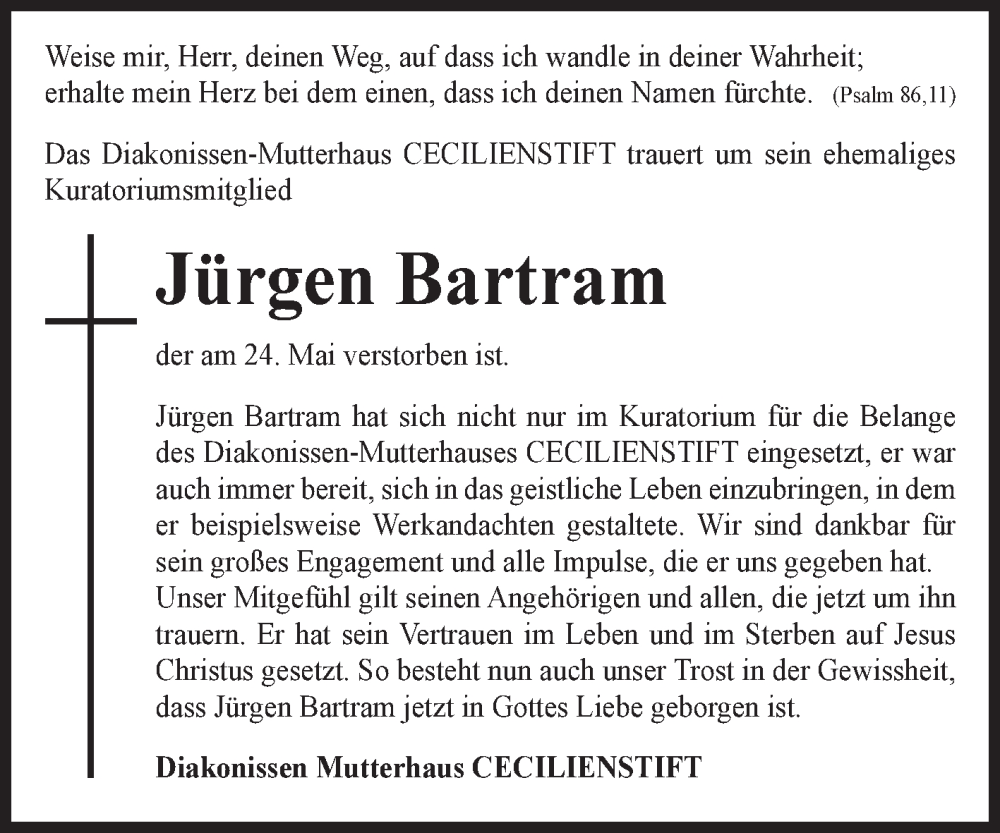  Traueranzeige für Jürgen Bartram vom 03.06.2023 aus Volksstimme Halberstadt