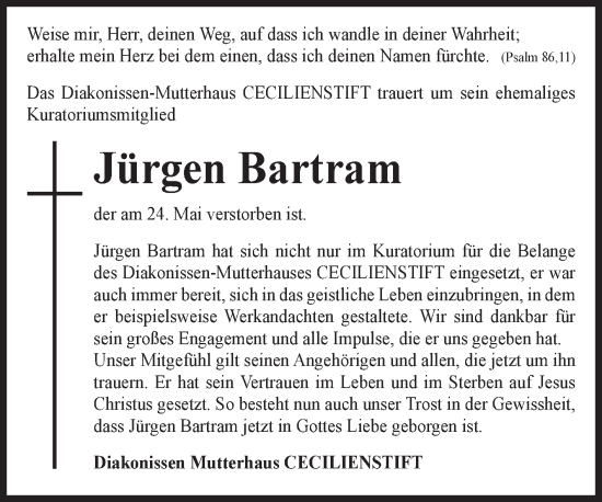 Traueranzeige von Jürgen Bartram von Volksstimme Halberstadt