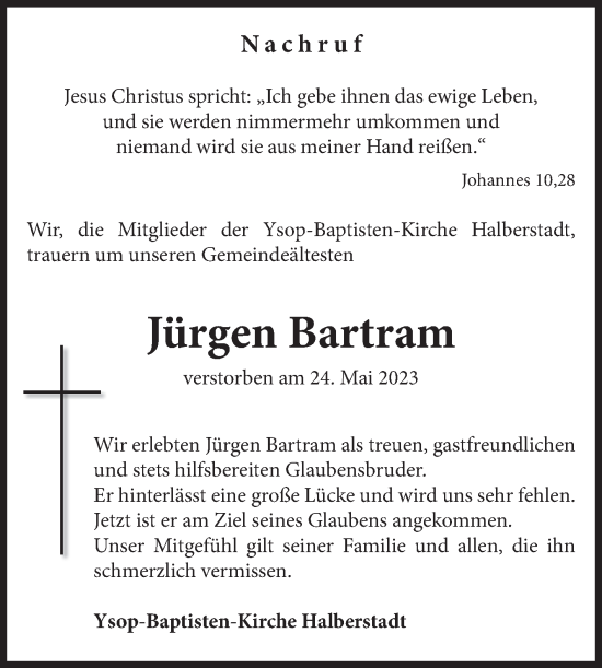 Traueranzeige von Jürgen Bartram von Volksstimme Halberstadt