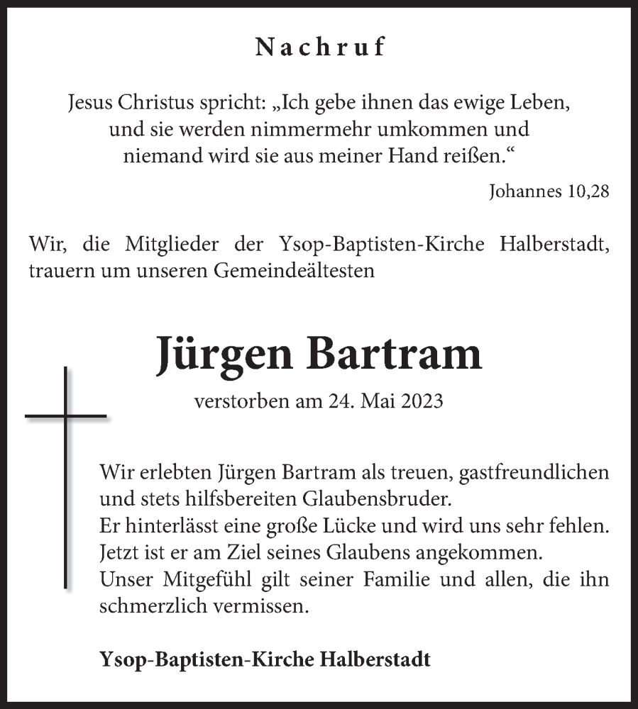  Traueranzeige für Jürgen Bartram vom 10.06.2023 aus Volksstimme Halberstadt