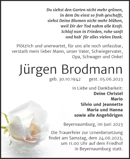 Traueranzeige von Jürgen Brodmann von Trauerkombi Sangerhausen
