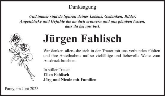 Traueranzeige von Jürgen Fahlisch von Volksstimme Burg/Genthin