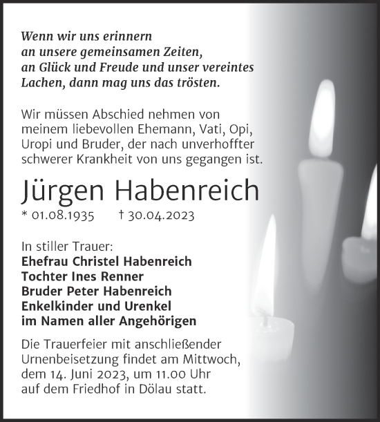 Traueranzeige von Jürgen Habenreich von Mitteldeutsche Zeitung Halle/Saalkreis