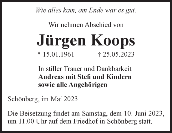 Traueranzeige von Jürgen Koops von Volksstimme Altmark Ost