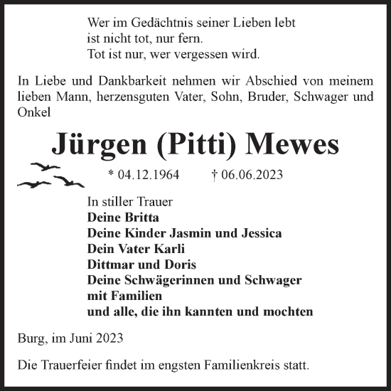 Traueranzeige von Jürgen Mewes von Volksstimme Burg/Genthin