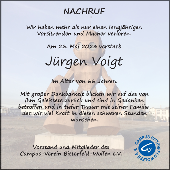 Traueranzeige von Jürgen Voigt von Wochenspiegel Bitterfeld