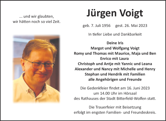 Traueranzeige von Jürgen Voigt von Trauerkombi Bitterfeld