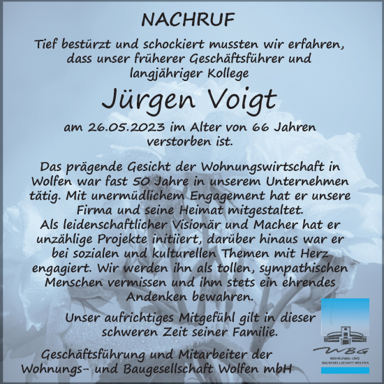 Traueranzeige von Jürgen Voigt von Mitteldeutsche Zeitung Bitterfeld