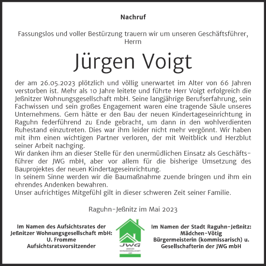 Traueranzeige von Jürgen Voigt von Mitteldeutsche Zeitung Bitterfeld