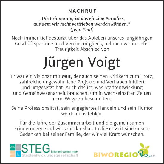 Traueranzeige von Jürgen Voigt von Mitteldeutsche Zeitung Bitterfeld
