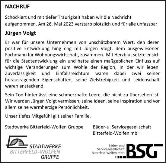 Traueranzeige von Jürgen Voigt von Mitteldeutsche Zeitung Bitterfeld