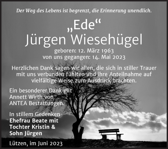 Traueranzeige von Jürgen Wiesehügel von Trauerkombi Weißenfels