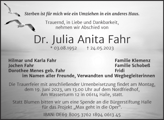 Traueranzeige von Julia Anita Fahr von Mitteldeutsche Zeitung Halle/Saalkreis