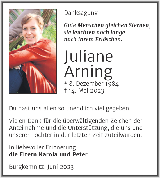 Traueranzeige von Juliane Arning von Trauerkombi Bitterfeld