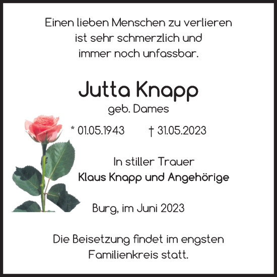 Traueranzeige von Jutta Knapp von Volksstimme Burg/Genthin
