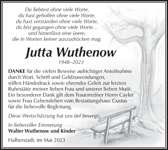 Traueranzeige von Jutta Wuthenow von Volksstimme Halberstadt