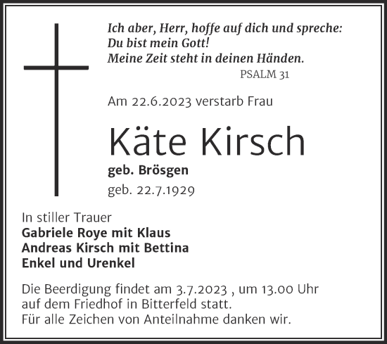 Traueranzeige von Käte Kirsch von Trauerkombi Bitterfeld