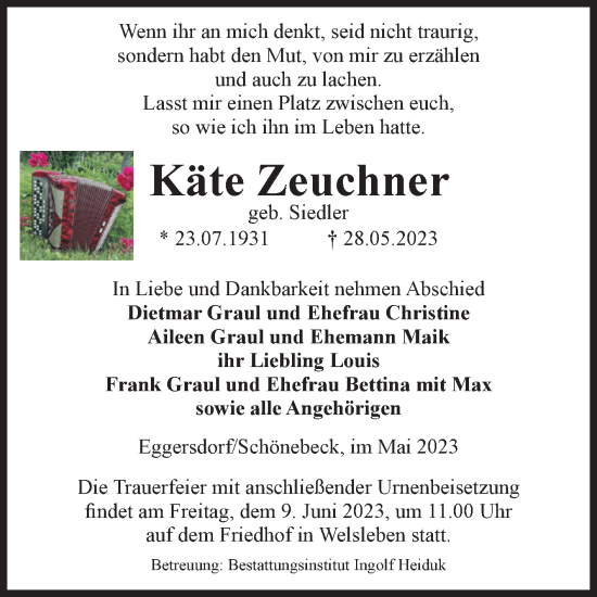 Traueranzeige von Käte Zeuchner von Volksstimme Schönebeck
