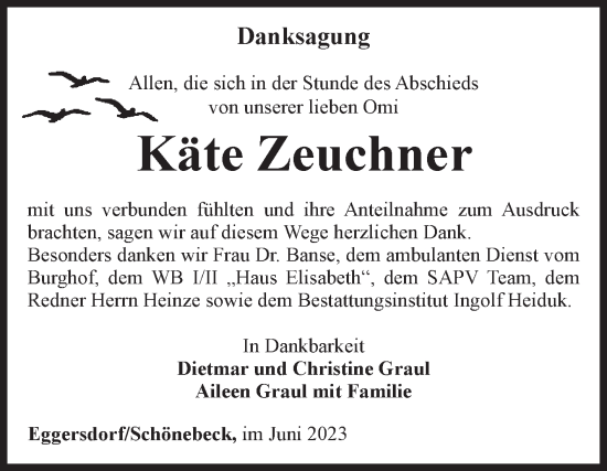 Traueranzeige von Käte Zeuchner von Volksstimme Schönebeck