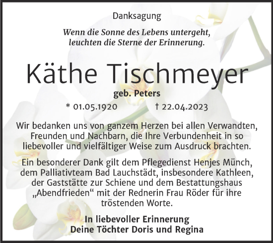 Traueranzeige von Käthe Tischmeyer von Trauerkombi Merseburg