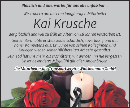 Traueranzeige von Kai Krusche von Super Sonntag Zeitz