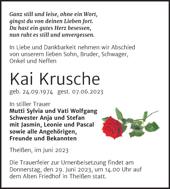 Traueranzeige von Kai Krusche von Trauerkombi Zeitz
