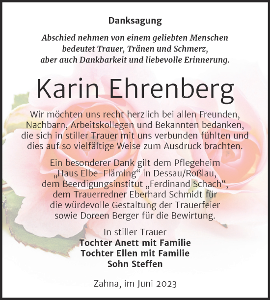 Traueranzeige von Karin Ehrenberg von Trauerkombi Wittenberg