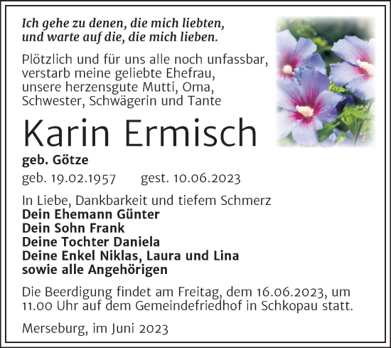 Traueranzeige von Karin Ermisch von Trauerkombi Merseburg