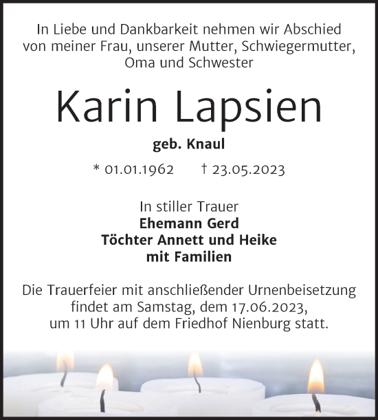 Traueranzeige von Karin Lapsien von Trauerkombi Bernburg