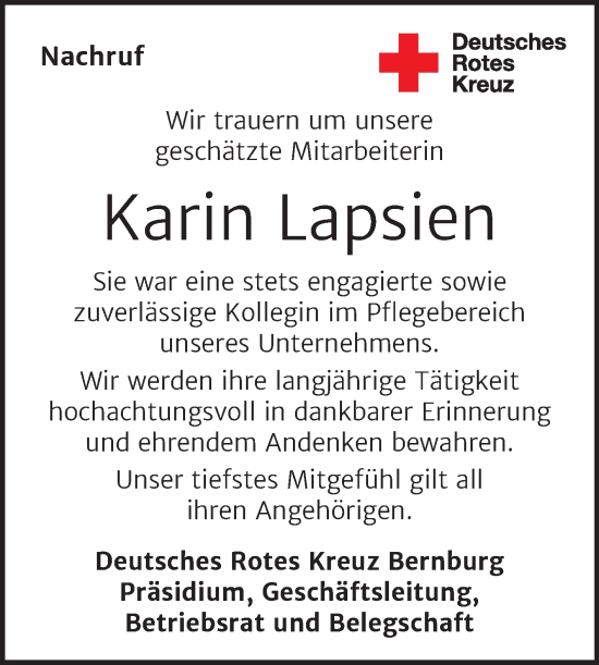 Traueranzeige von Karin Lapsien von Super Sonntag Bernburg