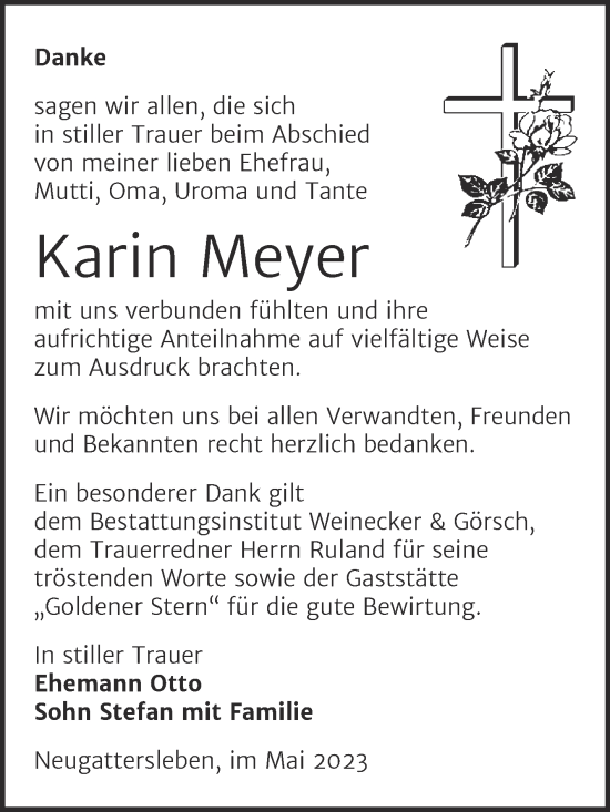 Traueranzeige von Karin Meyer von Trauerkombi Bernburg