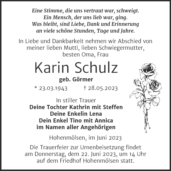 Traueranzeige von Karin Schulz von Trauerkombi Weißenfels