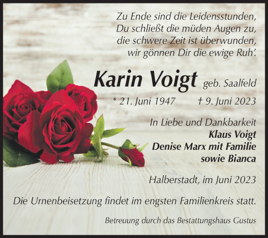 Traueranzeige von Karin Voigt von Volksstimme Halberstadt