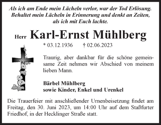 Traueranzeige von Karl-Ernst Mühlberg von Volksstimme Staßfurt