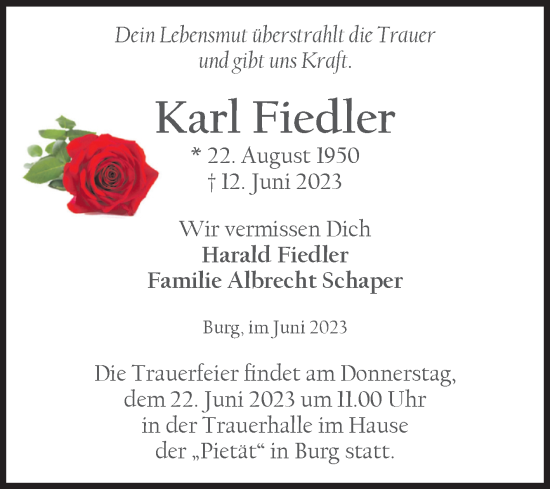 Traueranzeige von Karl Fiedler von Volksstimme Burg/Genthin