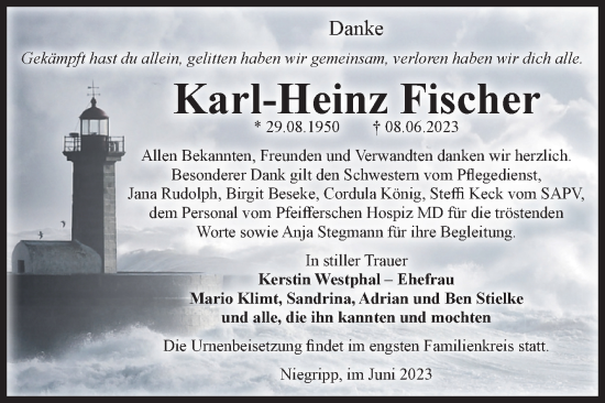 Traueranzeige von Karl-Heinz Fischer von Volksstimme Burg/Genthin