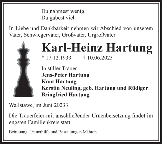 Traueranzeige von Karl-Heinz Hartung von Volksstimme Altmark West