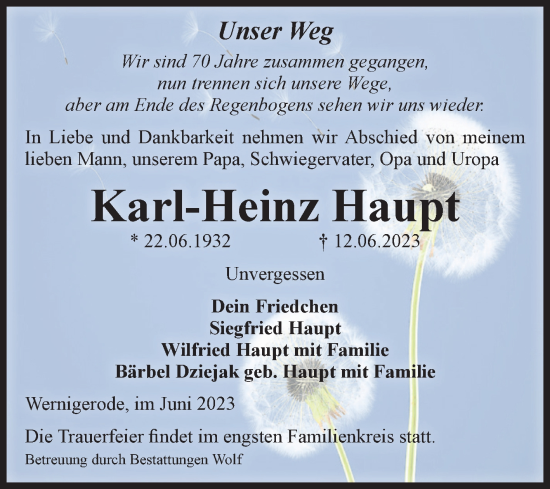 Traueranzeige von Karl-Heinz Haupt von Volksstimme Wernigerode