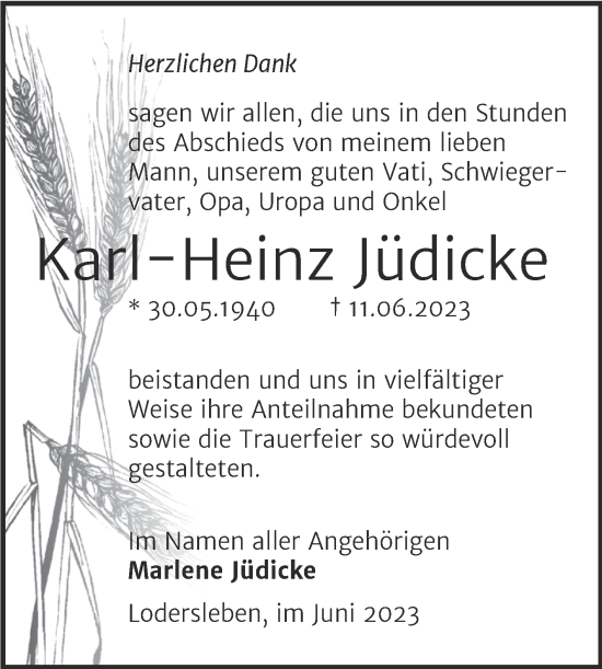 Traueranzeige von Karl-Heinz Jüdicke von Trauerkombi Merseburg