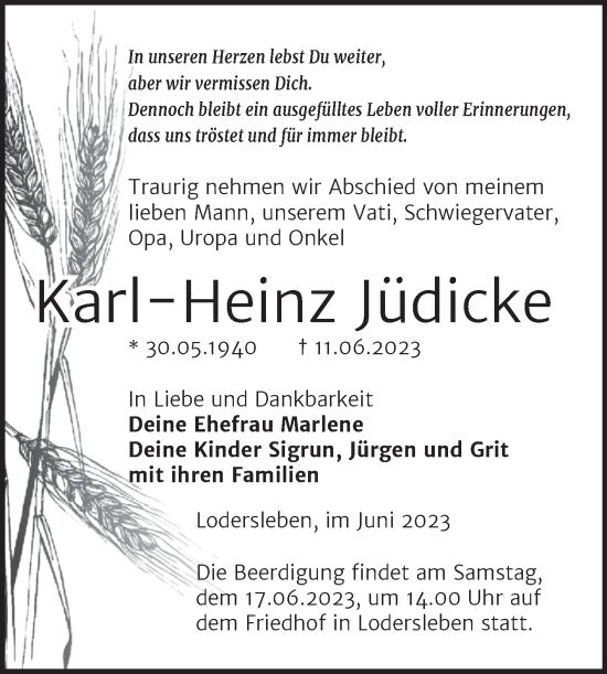 Traueranzeige von Karl-Heinz Jüdicke von Mitteldeutsche Zeitung Merseburg/Querfurt