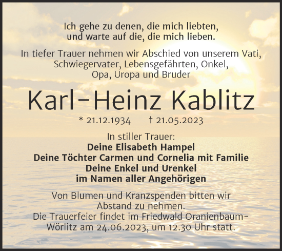 Traueranzeige von Karl-Heinz Kablitz von Trauerkombi Wittenberg