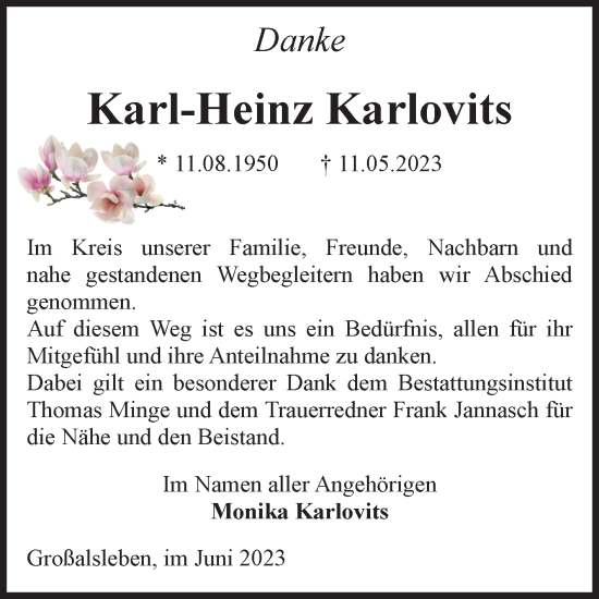 Traueranzeige von Karl-Heinz Karlovits von Volksstimme Oschersleben/Wanzleben