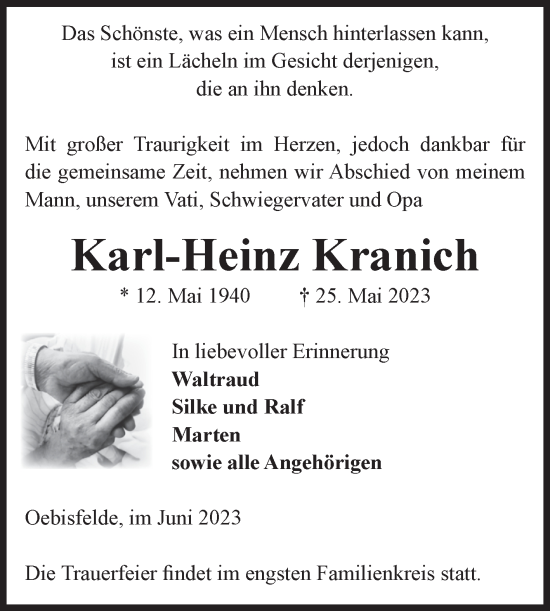 Traueranzeige von Karl-Heinz Kranich von Volksstimme Altmark West