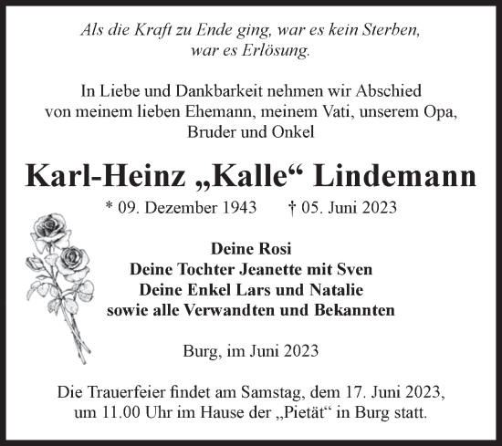 Traueranzeige von Karl-Heinz Lindemann von Volksstimme Burg/Genthin
