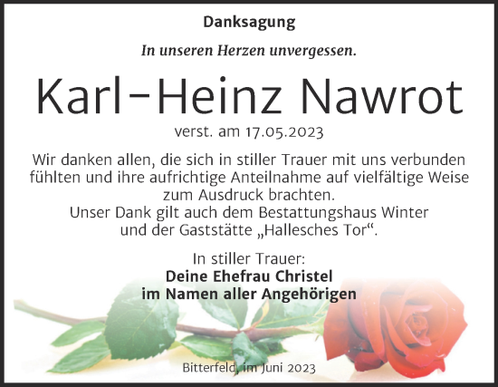 Traueranzeige von Karl-Heinz Nawrot von Trauerkombi Bitterfeld