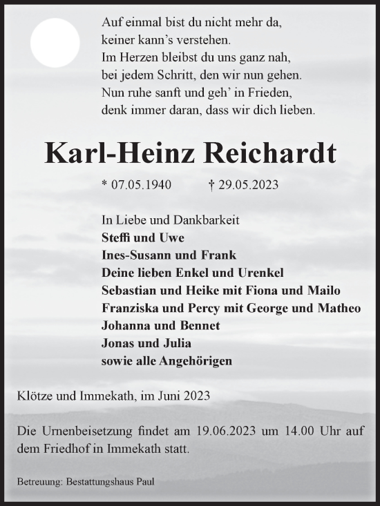 Traueranzeige von Karl-Heinz Reichardt von Volksstimme Altmark West