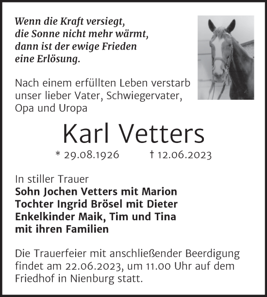 Traueranzeige von Karl Vetters von Trauerkombi Bernburg