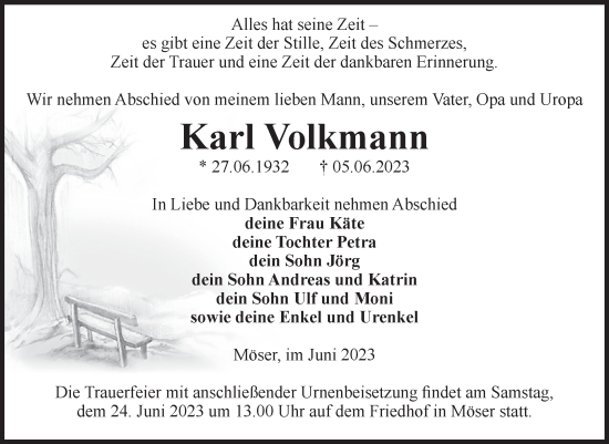 Traueranzeige von Karl Volkmann von Volksstimme Burg/Genthin