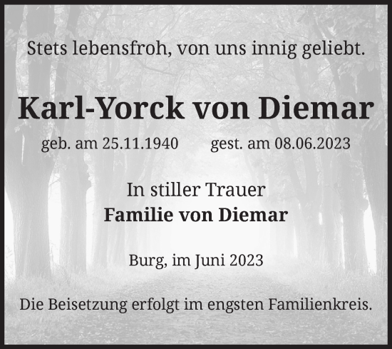 Traueranzeige von Karl-Yorck von Diemar von Volksstimme Burg/Genthin