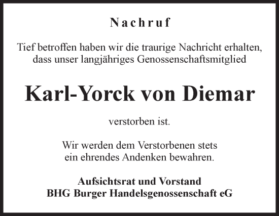 Traueranzeige von Karl-Yorck von Diemar von Volksstimme Burg/Genthin